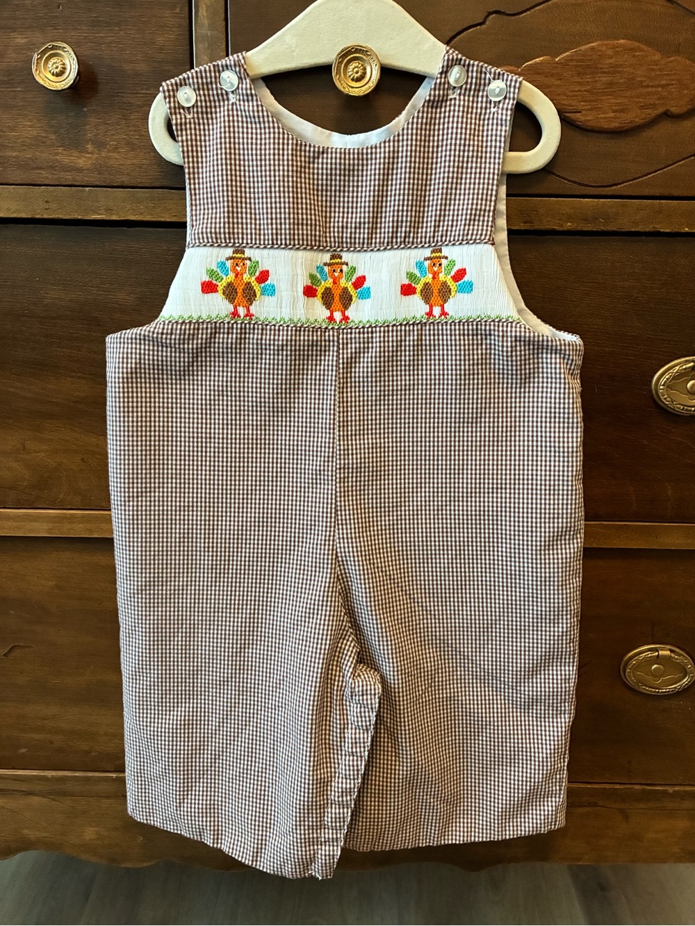 Brown Check Smocked Turkey Applique Boys Romper